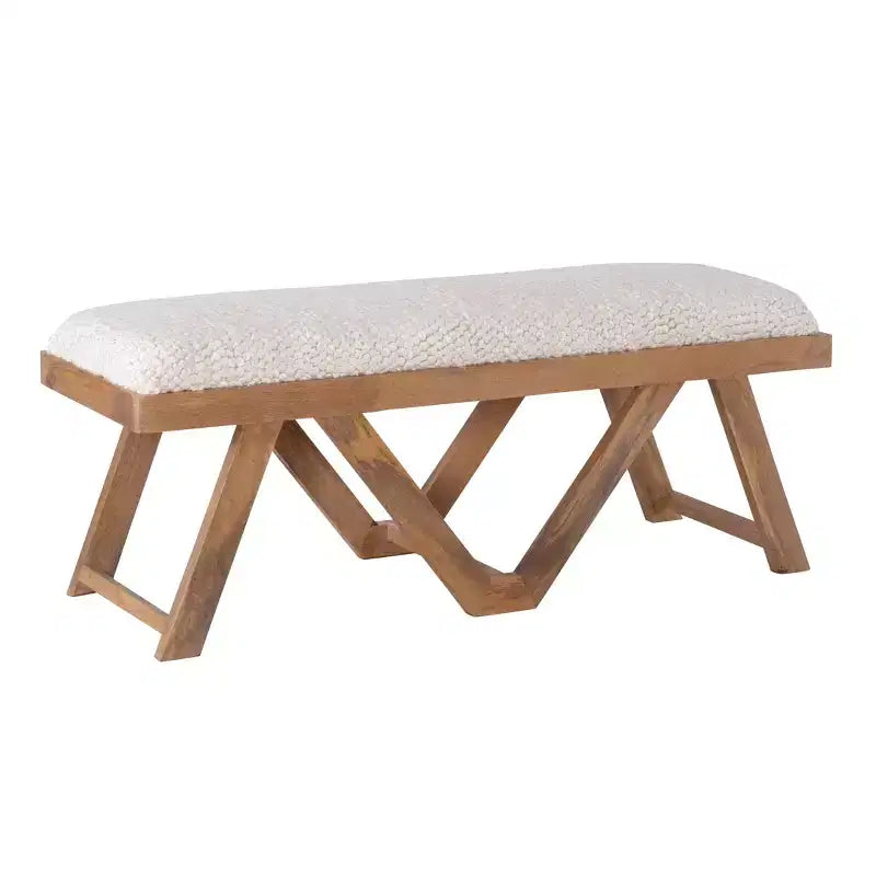Banc bohème en manguier massif avec assise en tissu texturé crème, pieds marron