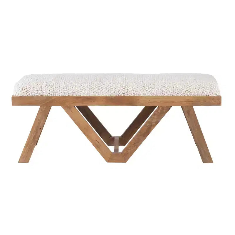 Banc bohème en manguier massif avec assise en tissu texturé crème, pieds marron
