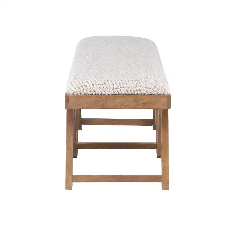 Banc bohème en manguier massif avec assise en tissu texturé crème, pieds marron