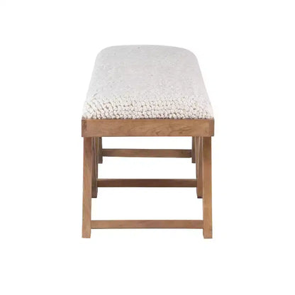 Banc bohème en manguier massif avec assise en tissu texturé crème, pieds marron