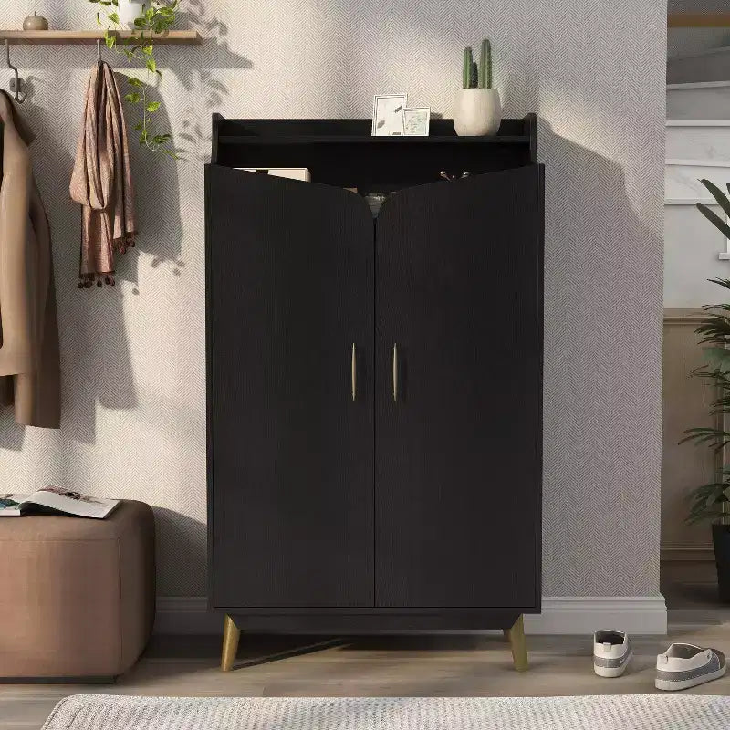 Meuble à chaussures à double porte noir - : Peut contenir 15 paires, étagères réglables, style milieu de siècle