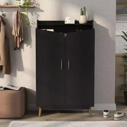Meuble à chaussures à double porte noir - : Peut contenir 15 paires, étagères réglables, style milieu de siècle