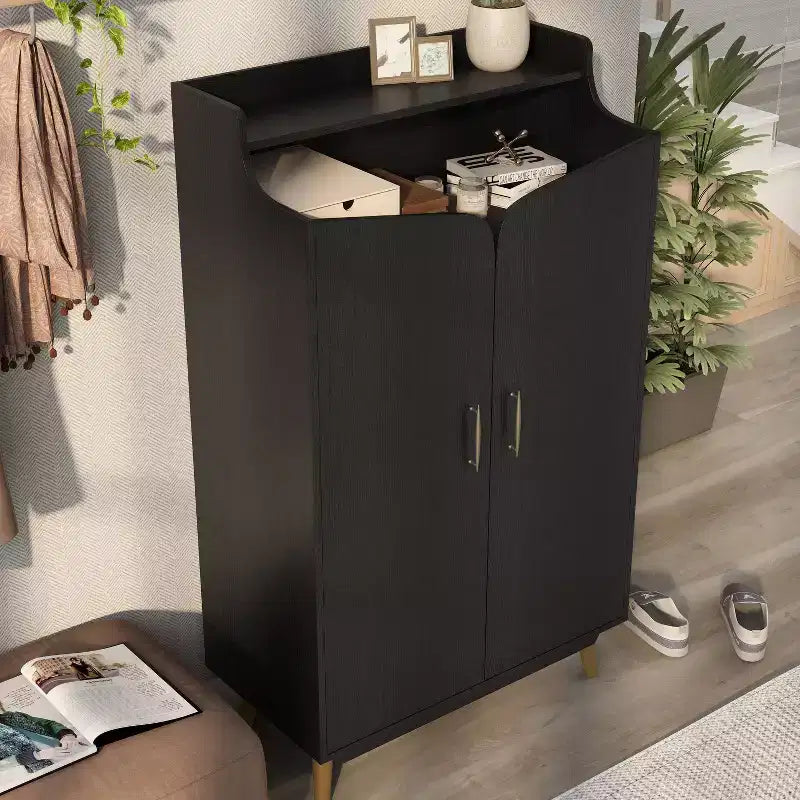 Meuble à chaussures à double porte noir - : Peut contenir 15 paires, étagères réglables, style milieu de siècle