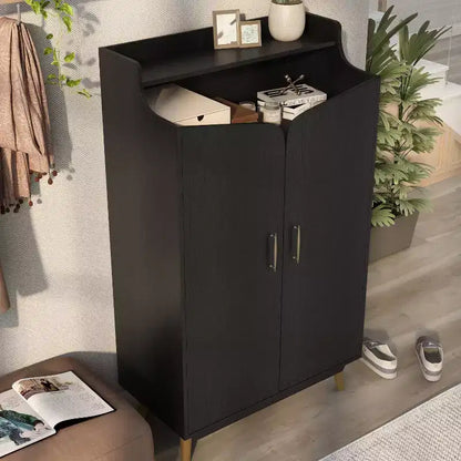 Meuble à chaussures à double porte noir - : Peut contenir 15 paires, étagères réglables, style milieu de siècle