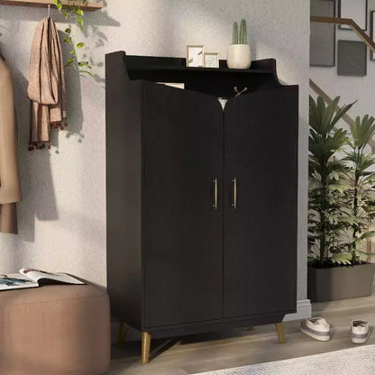 Meuble à chaussures à double porte noir - : Peut contenir 15 paires, étagères réglables, style milieu de siècle