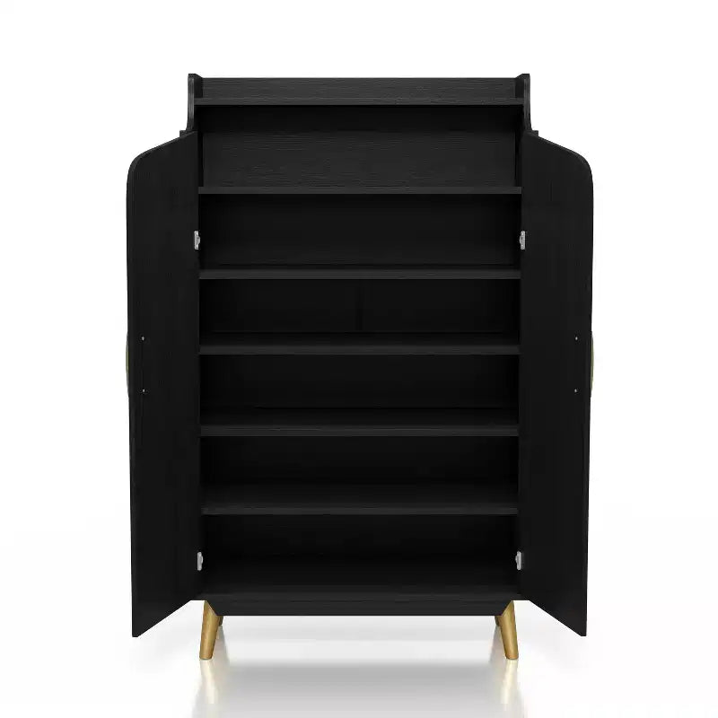 Meuble à chaussures à double porte noir - : Peut contenir 15 paires, étagères réglables, style milieu de siècle