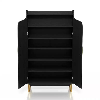 Meuble à chaussures à double porte noir - : Peut contenir 15 paires, étagères réglables, style milieu de siècle