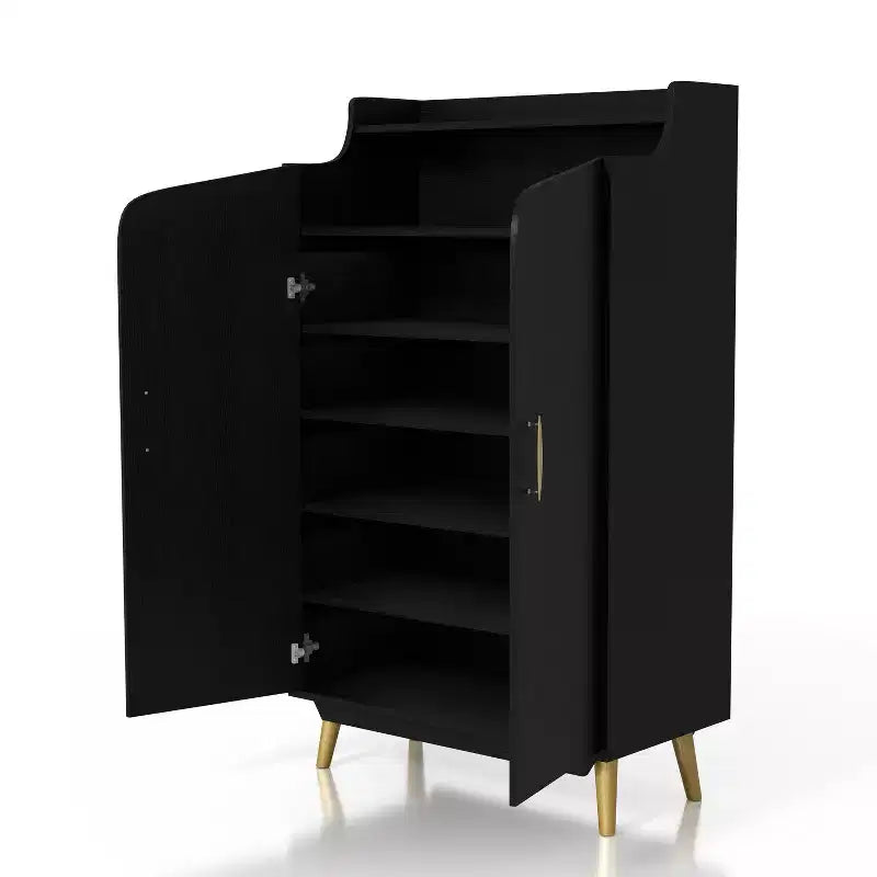 Meuble à chaussures à double porte noir - : Peut contenir 15 paires, étagères réglables, style milieu de siècle