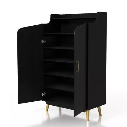 Meuble à chaussures à double porte noir - : Peut contenir 15 paires, étagères réglables, style milieu de siècle