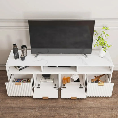 Meuble TV d'angle moderne blanc avec 2 tiroirs et rangement ouvert