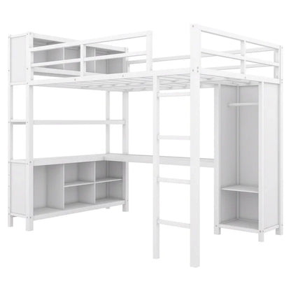 Lit mezzanine en métal blanc cassé avec bureau et armoire - Grand lit