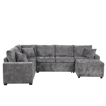 Canapé d'angle en chenille convertible, canapé-lit en forme de L avec pouf de rangement, 3 oreillers et dispositifs de charge