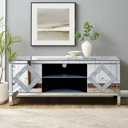 Meuble TV de 150 cm avec portes miroir en losange et rangement pour téléviseurs jusqu'à 65 pouces