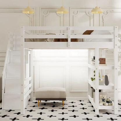 Lit mezzanine simple/double avec escalier de rangement - Étagères, armoire et lumière LED, design peu encombrant