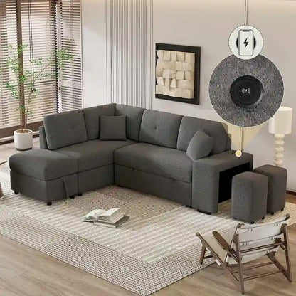 Canapé d'angle convertible avec pouf de rangement, canapé-lit pour salon