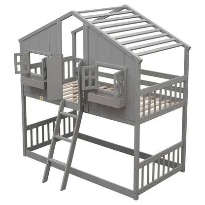 Lit superposé cabane jumeau sur jumeau avec toit, fenêtre, jardinière, porte, barrières de sécurité et échelle, gris