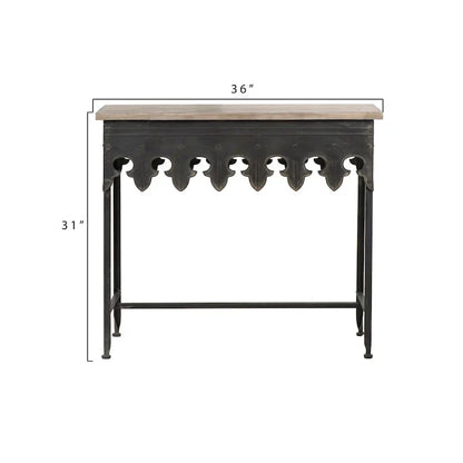 Console en métal finition zinc et bois à bord festonné