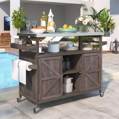Îlot de cuisine extérieur, chariot de bar roulant et meuble de rangement, table de grillade en bois massif avec plateau en acier inoxydable, porte-épices, porte-serviettes