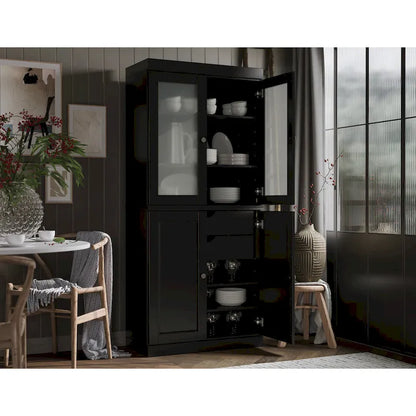 Meuble de rangement en bois massif avec portes en verre dépoli, portes pleines, 2 tiroirs et étagères réglables