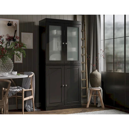 Meuble de rangement en bois massif avec portes en verre dépoli, portes pleines, 2 tiroirs et étagères réglables
