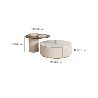 Table basse de forme tambour, ronde, en bois, moderne, blanche avec tiroir