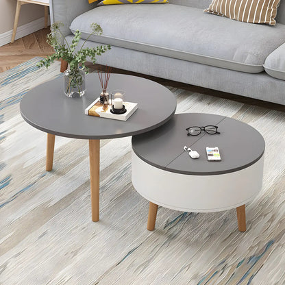 Table basse ronde moderne en bois noir et blanc avec rangement