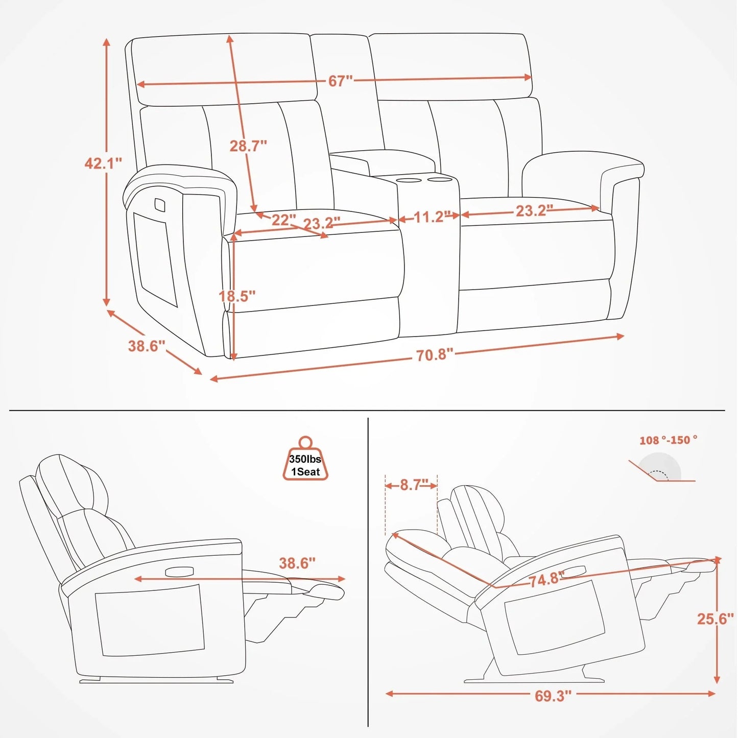 Canapé inclinable électrique MCombo 60,2 po avec massage et double chauffage, appuie-tête réglable, ports USB et Type C, tissu