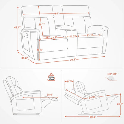 Canapé inclinable électrique MCombo 60,2 po avec massage et double chauffage, appuie-tête réglable, ports USB et Type C, tissu