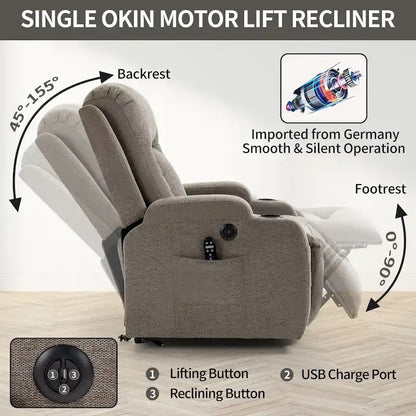 Fauteuil inclinable releveur électrique, fauteuil de massage moderne à moteur unique avec chauffage lombaire, port de chargement USB, porte-gobelets