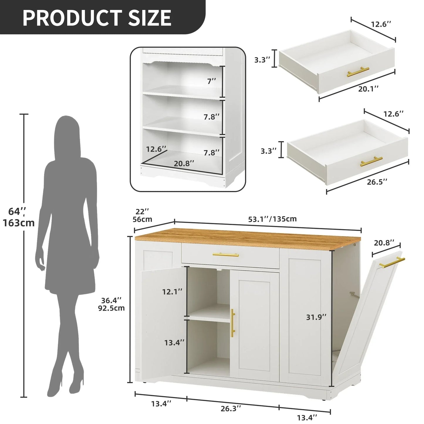 Moasis 53 pouces, îlot de cuisine roulant, armoire de rangement, chariot de cuisine mobile portable
