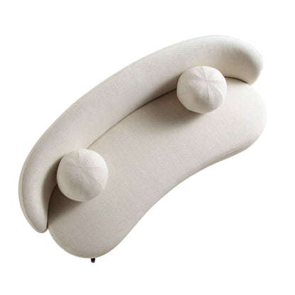 Canapé incurvé 3 places avec coussins boules, mélange de lin beige