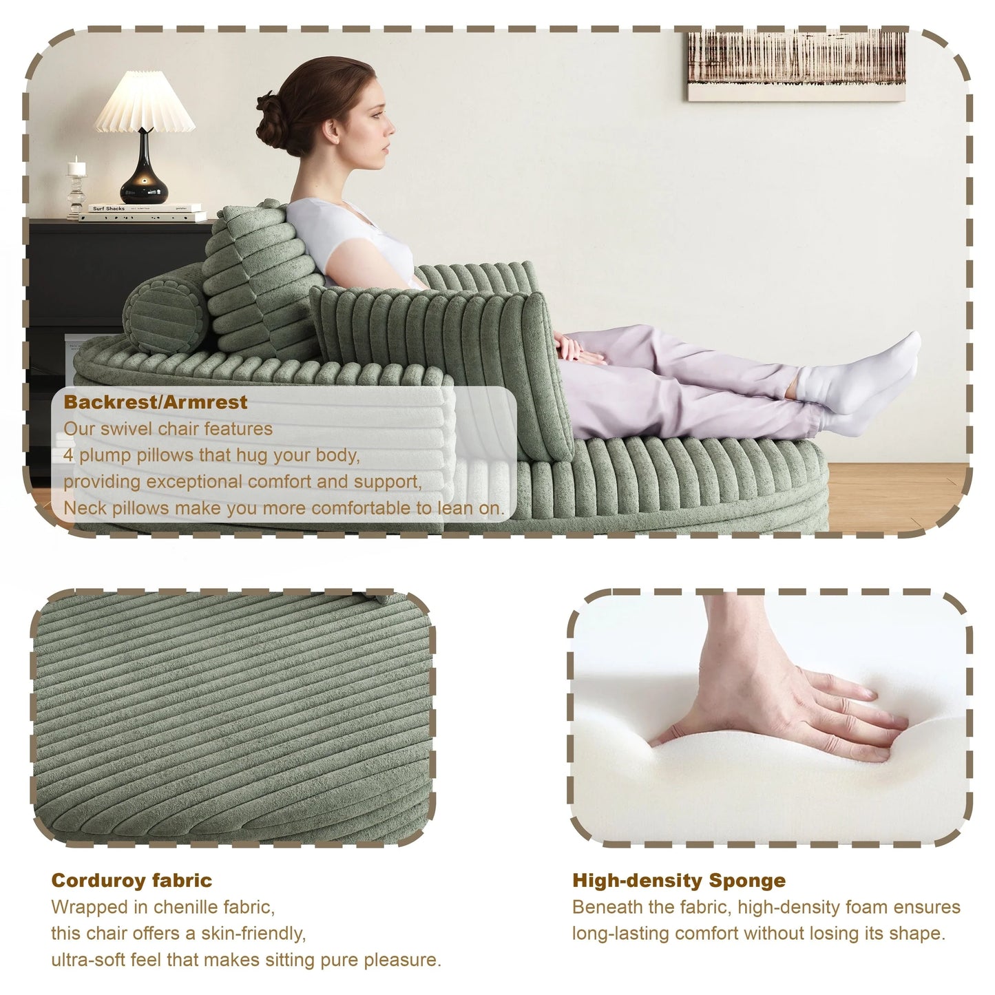 Fauteuil pivotant simple en velours côtelé et chenille avec rembourrage en mousse
