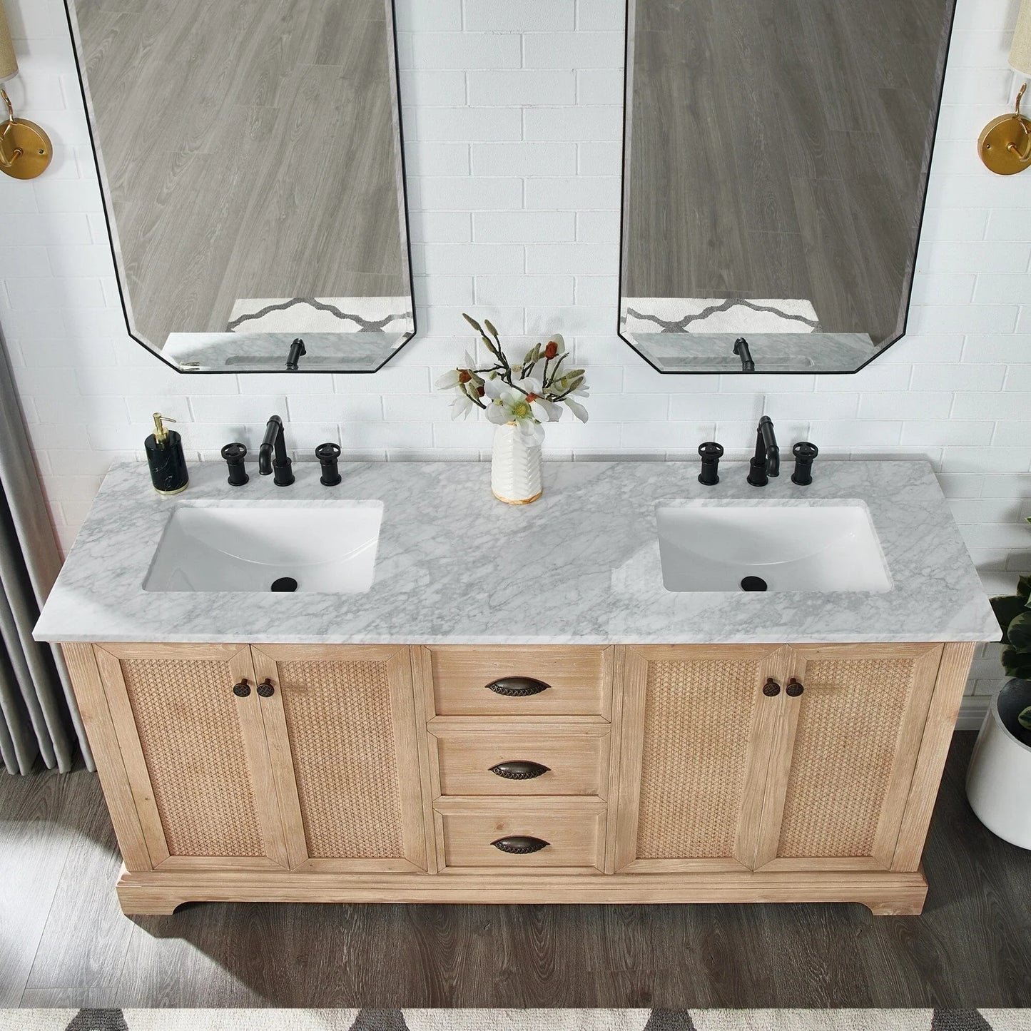 Meuble sous-vasque Hervas avec plateau en marbre naturel, sans miroir