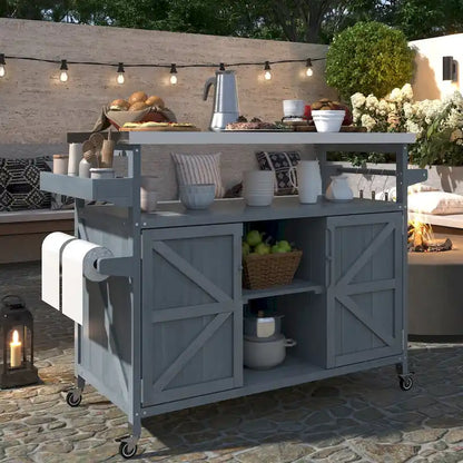 Îlot de cuisine extérieur, chariot de bar roulant et meuble de rangement, table de grillade en bois massif avec plateau en acier inoxydable, porte-épices, porte-serviettes