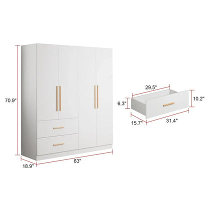 Armoire penderie autoportante de 63 pouces de large avec tiroirs