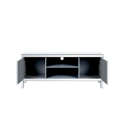 Meuble TV de 150 cm avec portes miroir en losange et rangement pour téléviseurs jusqu'à 65 pouces
