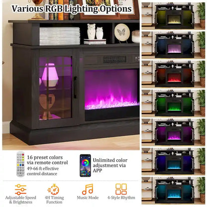 Meuble TV avec cheminée électrique, lumières LED et télécommandes