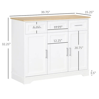 Meuble de Rangement Buffet de Cuisine Blanc avec 3 Tiroirs et Étagère Réglable