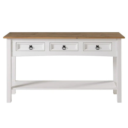 Console de couloir rustique en pin massif, blanc cérusé / marron antique / gris cérusé / non peinte, 3 tiroirs