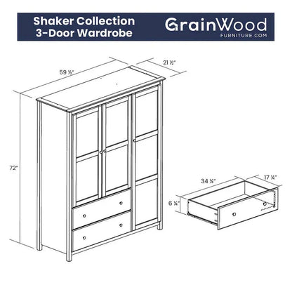 Grain Wood Furniture Armoire Shaker en bois à 3 portes - 60x72x22