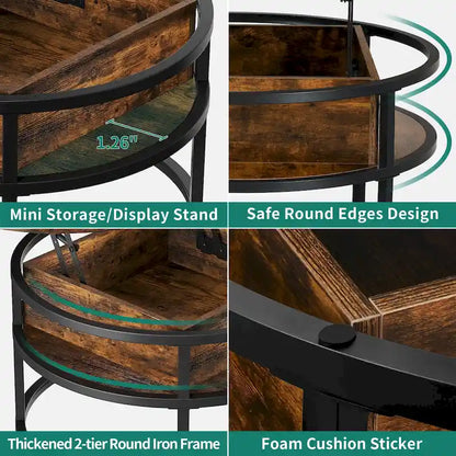 Table basse ronde relevable et extensible avec rangement dissimulé