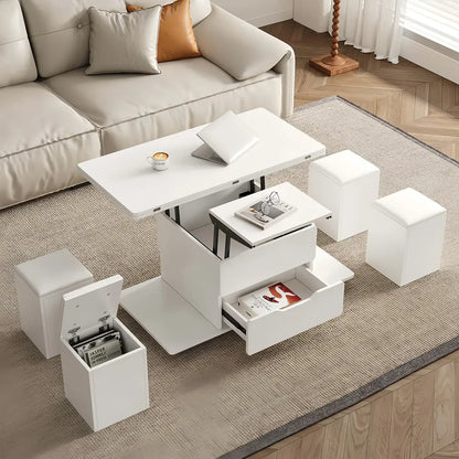 Table basse relevable pliable avec 4 tabourets et rangement