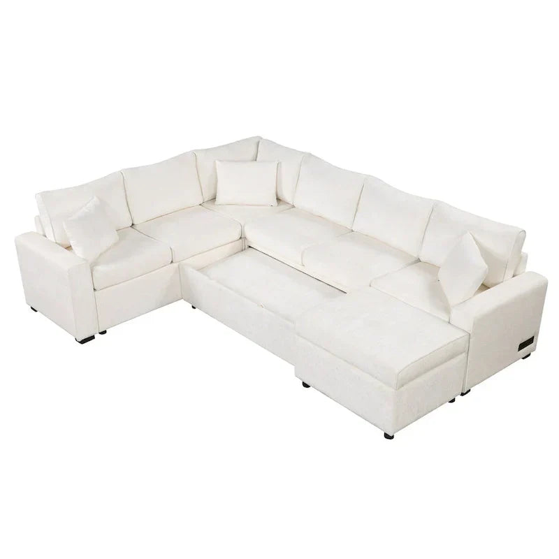 Canapé d'angle en chenille convertible, canapé-lit en forme de L avec pouf de rangement, 3 oreillers et dispositifs de charge