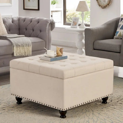 Grand pouf de rangement carré avec pieds en bois