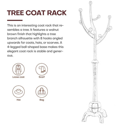 Porte-manteau sur pied en bois d'hévéa à motif de branches d'arbre avec 8 crochets - 24,5 l x 70,87 h