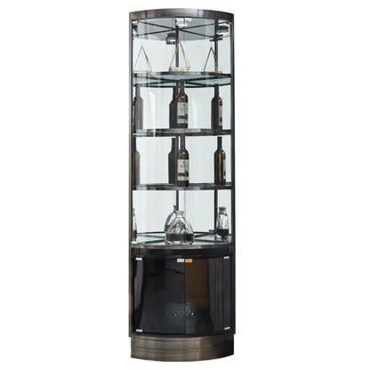 Meuble d'angle à vin avec étagères en verre et métal à plusieurs niveaux