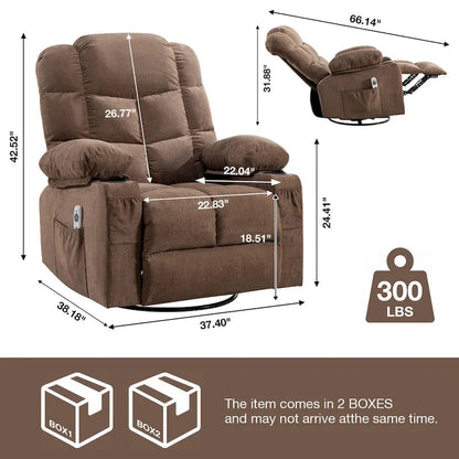 Fauteuil inclinable gris surdimensionné avec fonctions de chauffage et de massage, inclinaison à 150°, bascule à 30°, port USB pour la recharge et 2 porte-gobelets