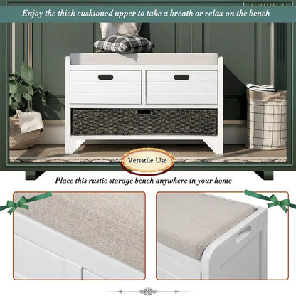 Banc de rangement en bois avec 2 paniers tressés