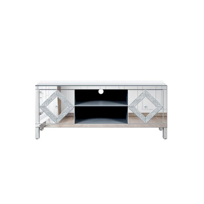 Meuble TV de 150 cm avec portes miroir en losange et rangement pour téléviseurs jusqu'à 65 pouces