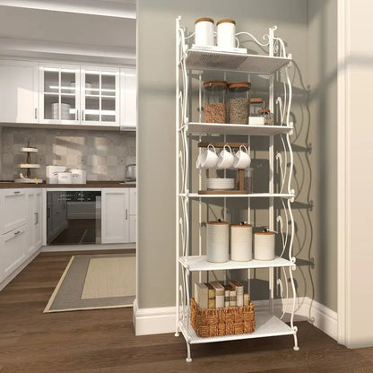 Étagère de Boulanger Pliable Haute à 5 Niveaux en Métal Décoratif pour Intérieur/Extérieur - Or ou Blanc - Roche River Decor